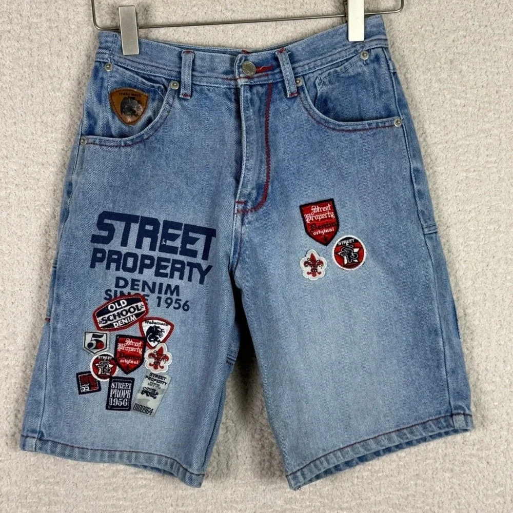 Street Property Denim Shorts Size‎ 8 Light Wash Red Stitching Patches